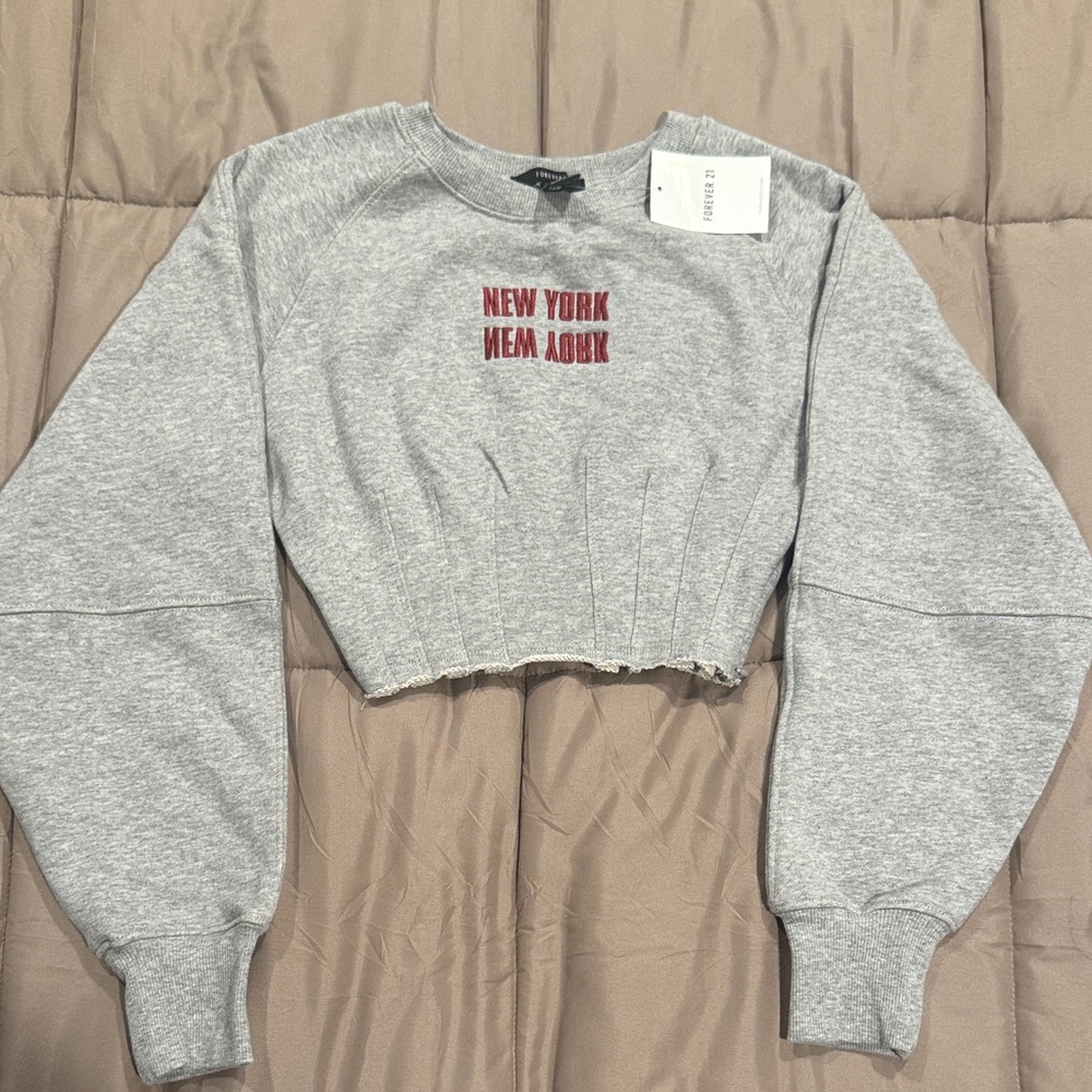 Forever 21 Gray Cropped Sweatshirt with New York' Embroidery